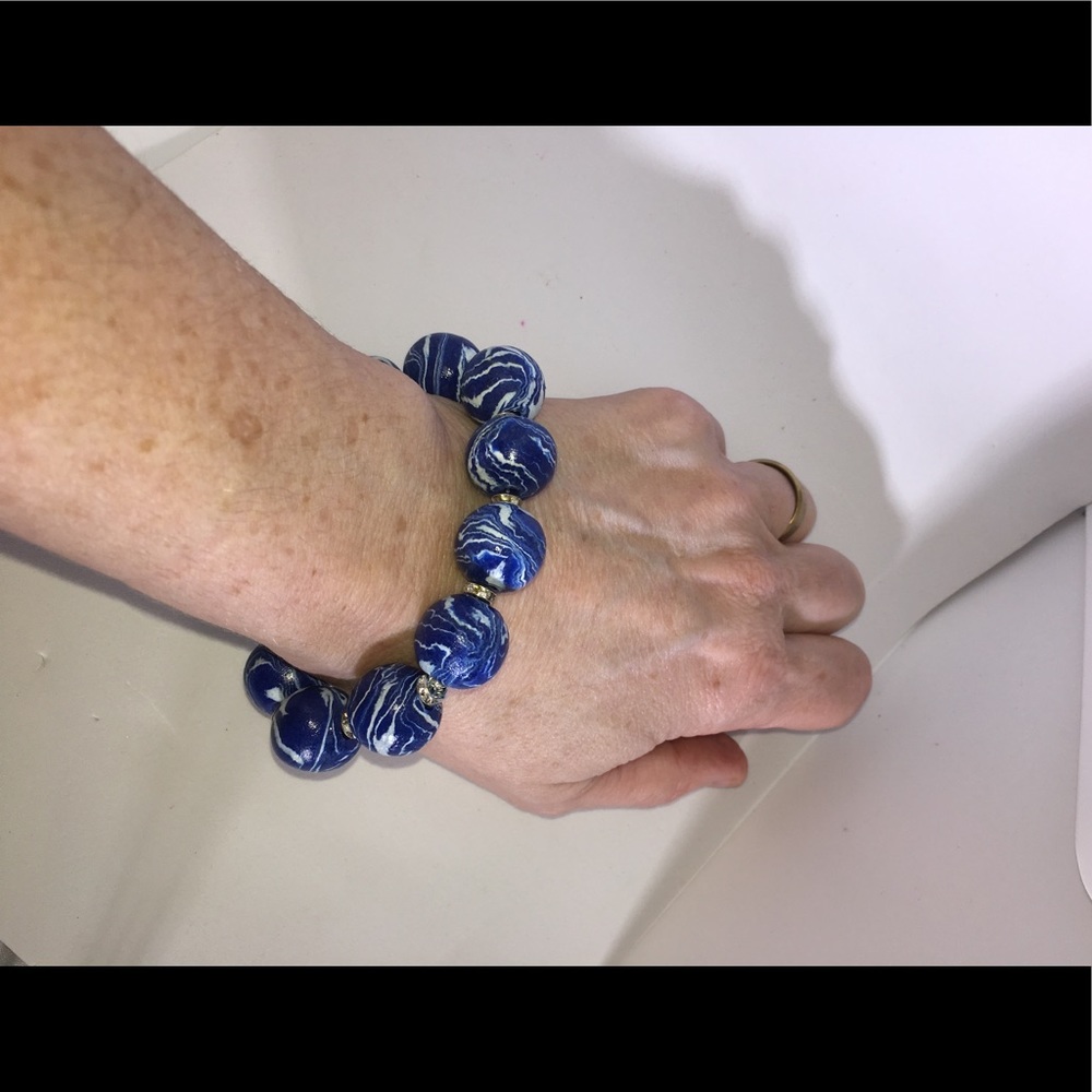 Artisan Handmade Blue & White Polymer Clay Bracelet Elegant & Boutique Style - Picture 5 of 6
